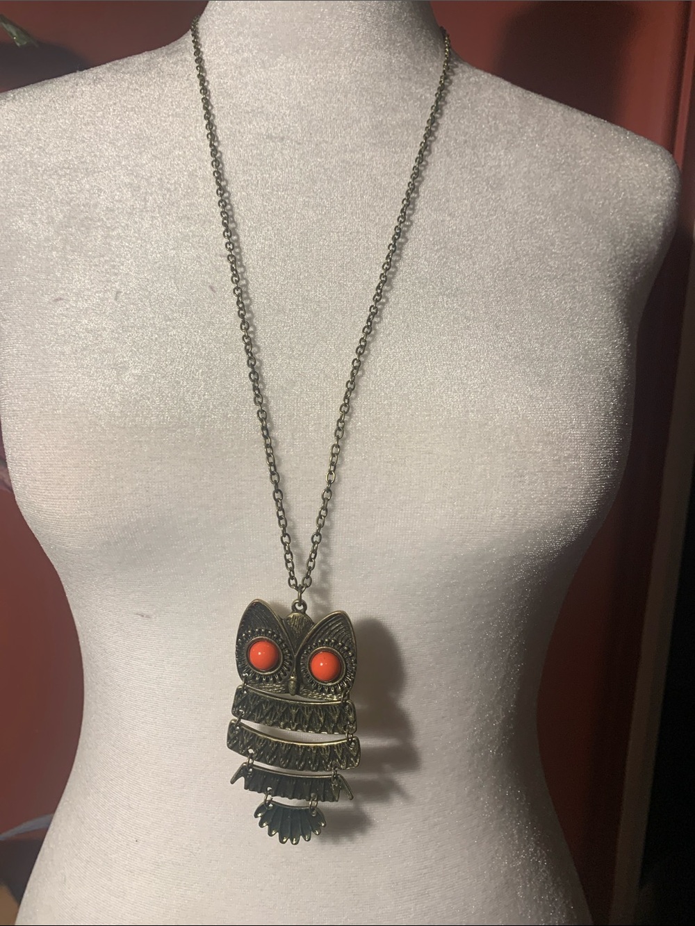 Vintage-Inspired Bronze Owl Pendant Necklace with Coral Accent